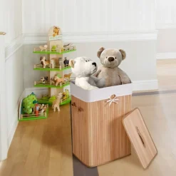 Natural Wicker Laundry Hamper With Removable Liner And PU Leather Handles 72L