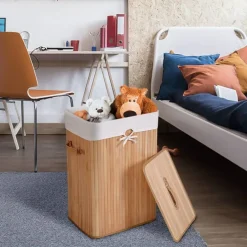 Natural Wicker Laundry Hamper With Removable Liner And PU Leather Handles 72L