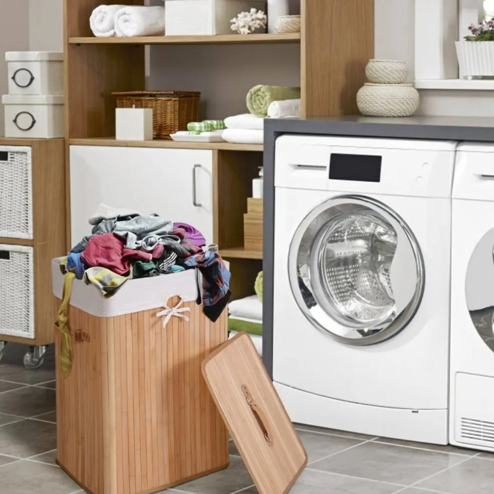 Natural Wicker Laundry Hamper With Removable Liner And PU Leather Handles 72L