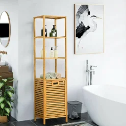 Natural Wicker Laundry Hamper Tower with 3 Tier Storage Shelving