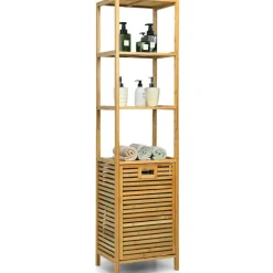 Natural Wicker Laundry Hamper Tower with 3 Tier Storage Shelving