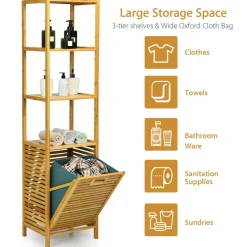 Natural Wicker Laundry Hamper Tower with 3 Tier Storage Shelving