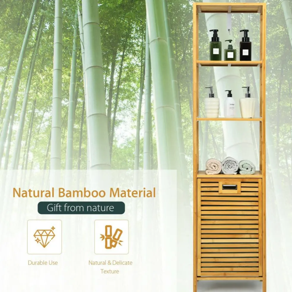 Natural Wicker Laundry Hamper Tower with 3 Tier Storage Shelving