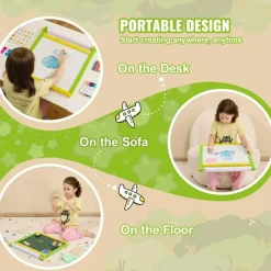 Natural Wood Color Yellow Green Pine Plywood Plastic Kids Art Easel, Foldable Kids Easel with Chalkboard Whiteboard Paper Roll Magnetic Learning Set
