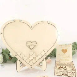 13" Natural Wooden Heart Drop Top Frame Wedding Guest Book Sign Set Party Event