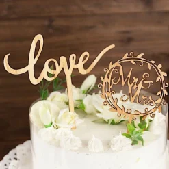 2 Natural Wooden Love and Mr & Mrs Wedding CAKE TOPPERS