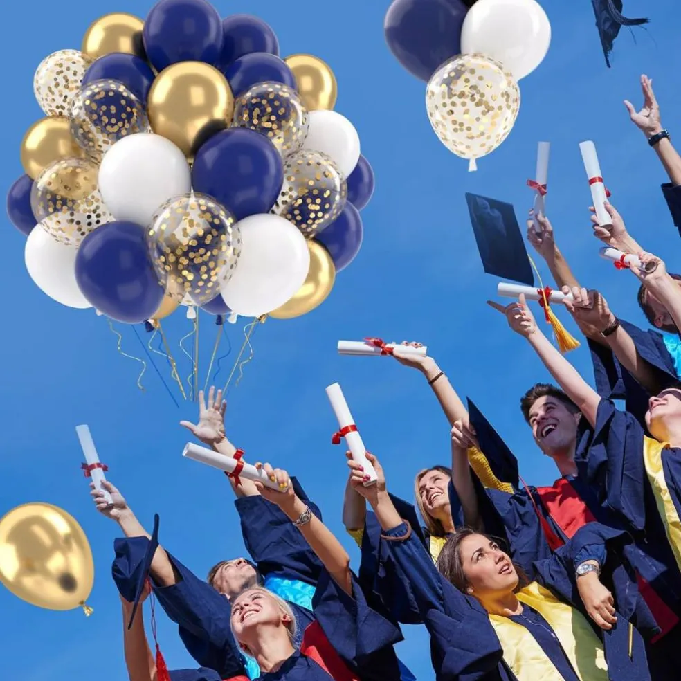 Navy Blue Gold Balloons Set, 50 pcs 12 inch Metallic Gold Navy Blue White Confetti Latex Balloons Kit