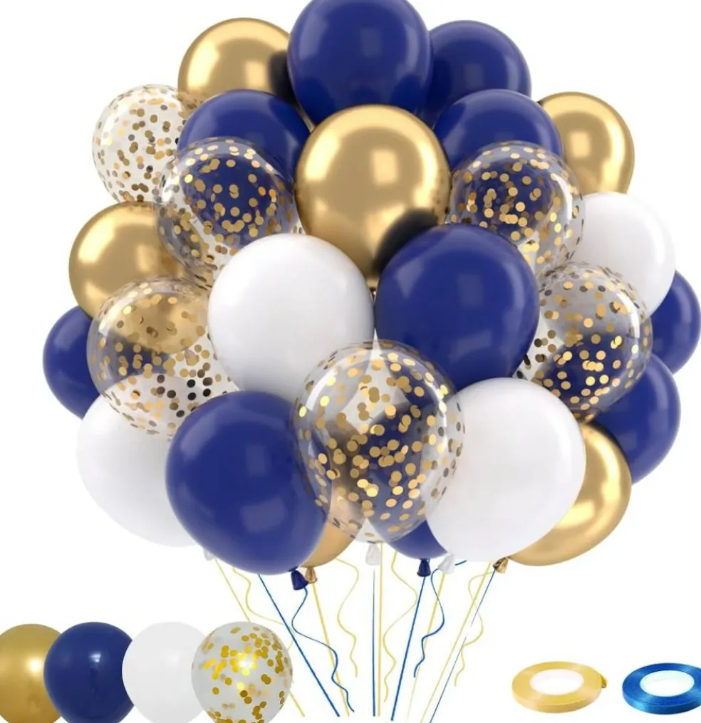 Navy Blue Gold Balloons Set, 50 pcs 12 inch Metallic Gold Navy Blue White Confetti Latex Balloons Kit