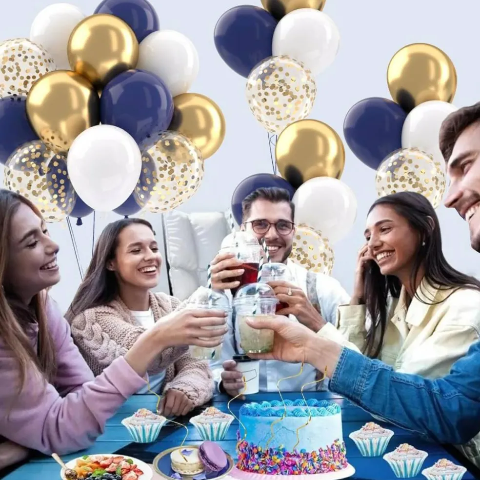 Navy Blue Gold Balloons Set, 50 pcs 12 inch Metallic Gold Navy Blue White Confetti Latex Balloons Kit