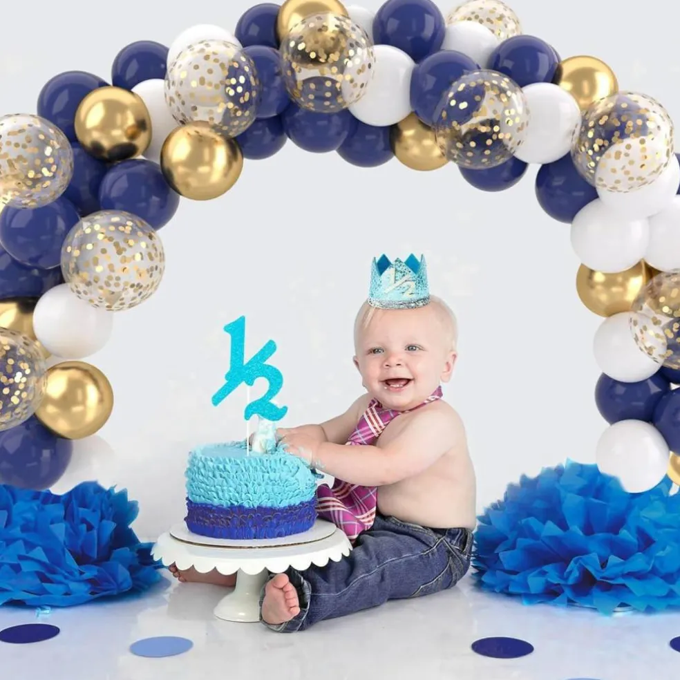 Navy Blue Gold Balloons Set, 50 pcs 12 inch Metallic Gold Navy Blue White Confetti Latex Balloons Kit