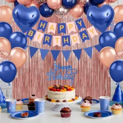 Navy Blue Rose Gold Birthday Decorations,Happy Birthday Banner Fringe Curtain Heart Foil Balloons for Women Girl Boys Men