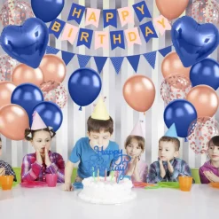 Navy Blue Rose Gold Birthday Decorations,Happy Birthday Banner Fringe Curtain Heart Foil Balloons for Women Girl Boys Men