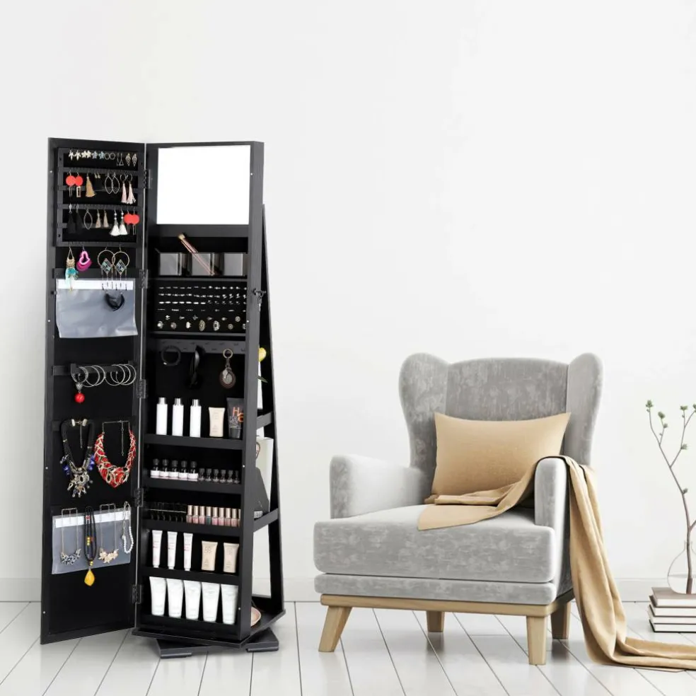 NEX™ Black 360 Degree Rotatable Jewelry Armoire with Free-Standing Mirror
