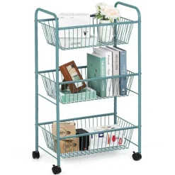 NEX™ Blue Large 3-Tier Rolling Basket Stand with Shelves & Wheels