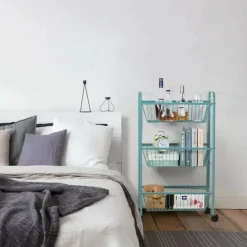 NEX™ Blue Large 3-Tier Rolling Basket Stand with Shelves & Wheels