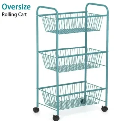 NEX™ Blue Large 3-Tier Rolling Basket Stand with Shelves & Wheels