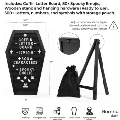 Nomnu Coffin Letter Board with Spooky Emojis, +500 Characters, Wooden Stand - Halloween Decorations Halloween Decor Halloween Gifts - 17x10.5 Inches