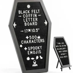 Nomnu Coffin Letter Board with Spooky Emojis, +500 Characters, Wooden Stand - Halloween Decorations Halloween Decor Halloween Gifts - 17x10.5 Inches