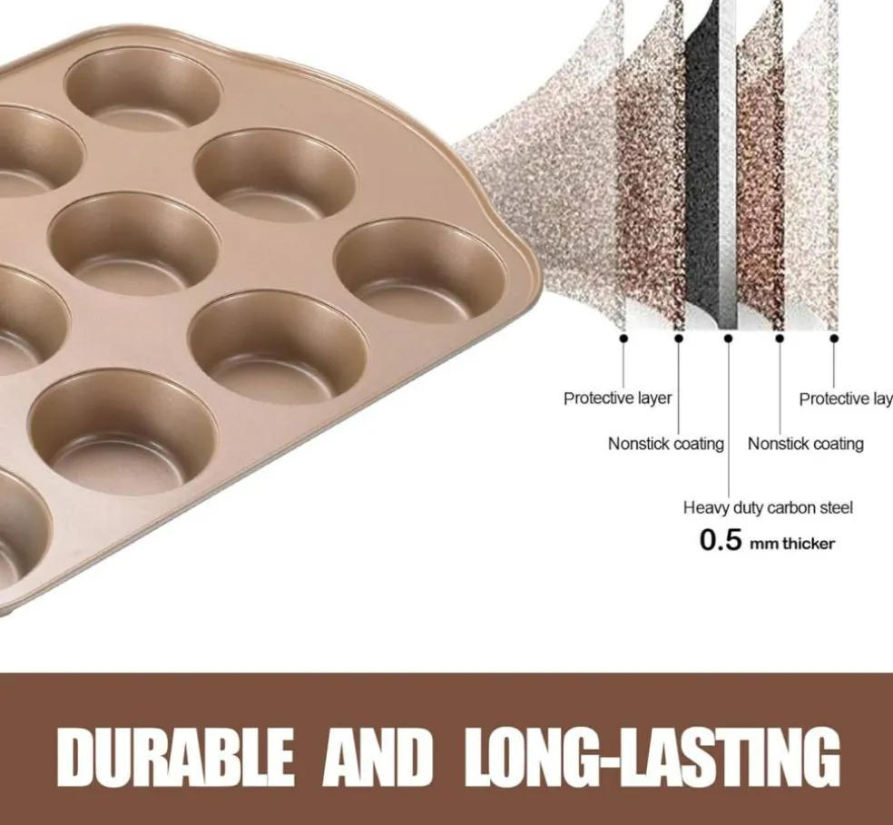 Nonstick Muffin Pan, Mini Cupcake Pan Set, Muffin Tins for Baking, 2 Pack, 12-Cup and 24-Cup, Gold