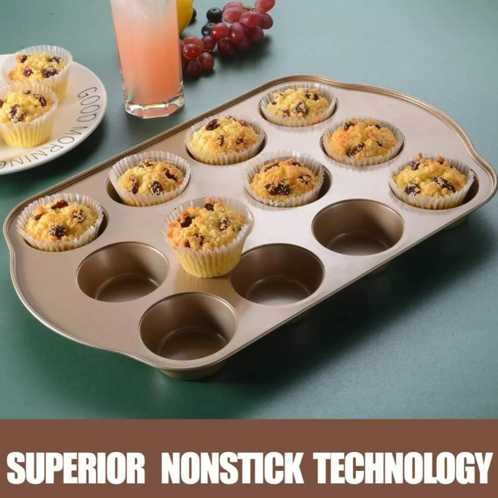 Nonstick Muffin Pan, Mini Cupcake Pan Set, Muffin Tins for Baking, 2 Pack, 12-Cup and 24-Cup, Gold