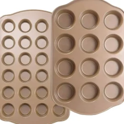 Nonstick Muffin Pan, Mini Cupcake Pan Set, Muffin Tins for Baking, 2 Pack, 12-Cup and 24-Cup, Gold