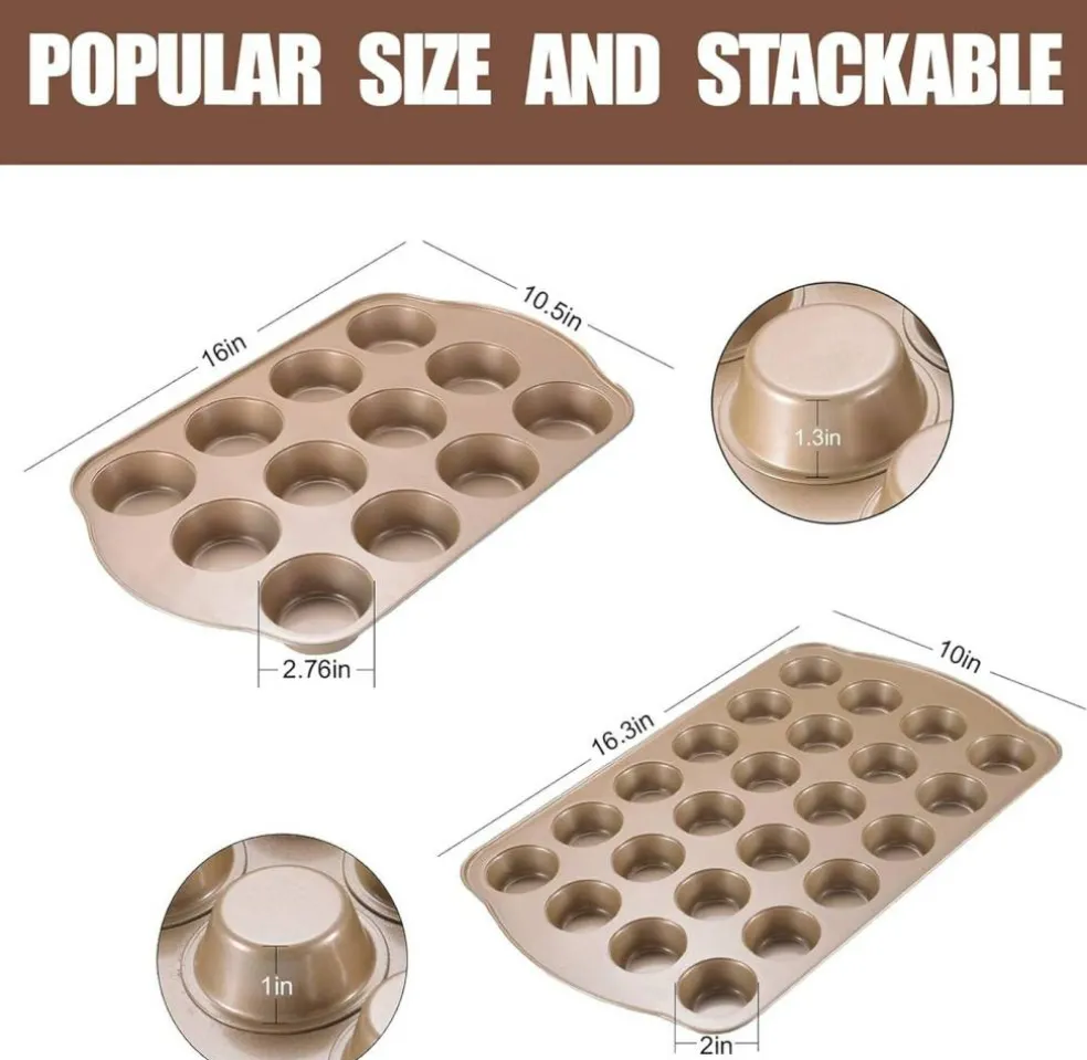 Nonstick Muffin Pan, Mini Cupcake Pan Set, Muffin Tins for Baking, 2 Pack, 12-Cup and 24-Cup, Gold