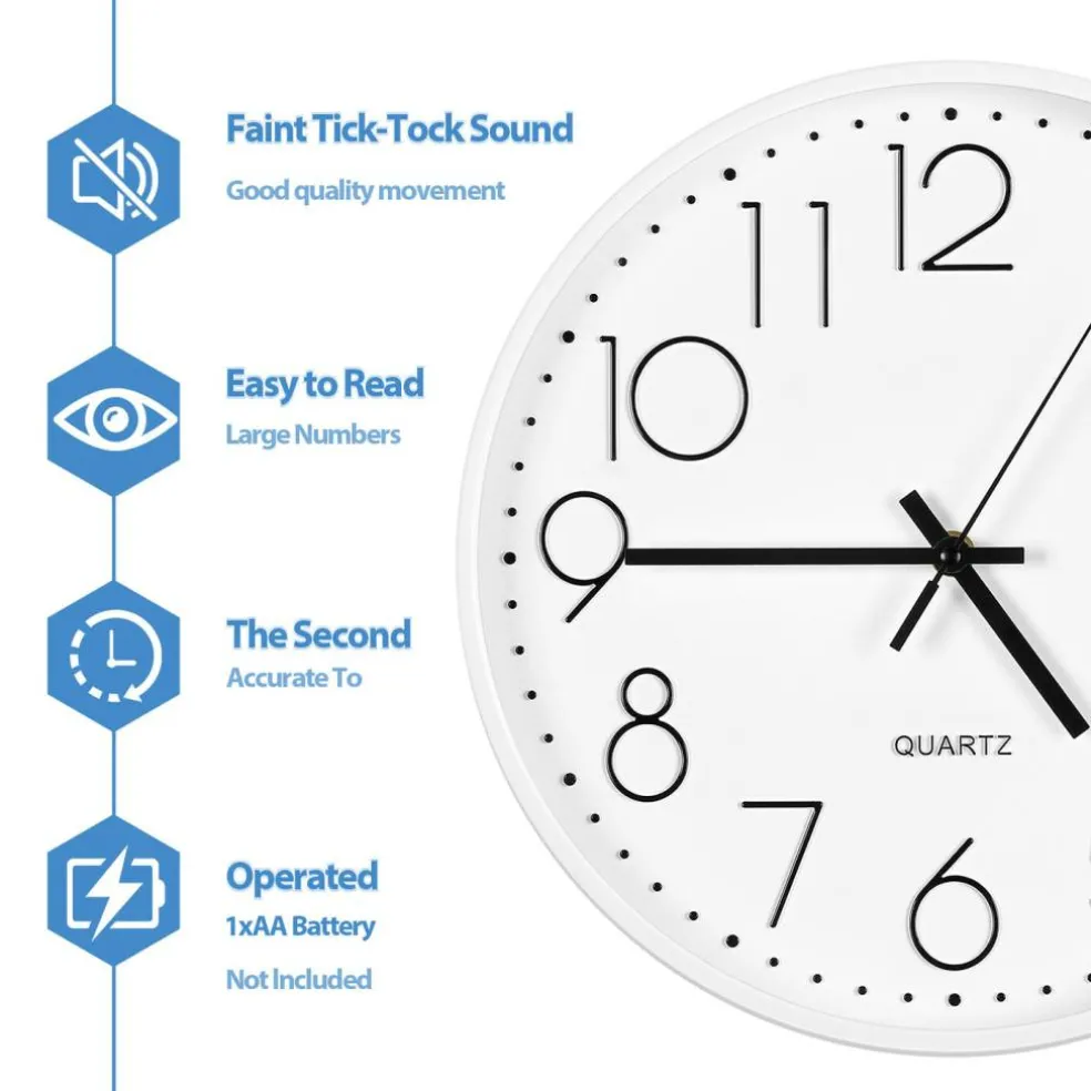 Non-Ticking Silent Wall Clock, 11.5 Inch White Quartz Wall Clock with Large Clear Numbers for Home Decor