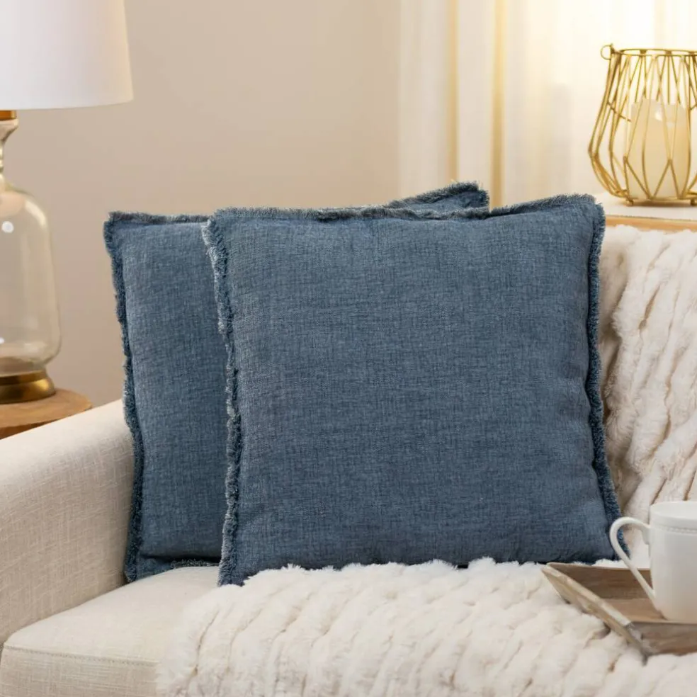 Northlight Fringed Square Cotton Throw Pillows - 17" - Blue - Set of 2