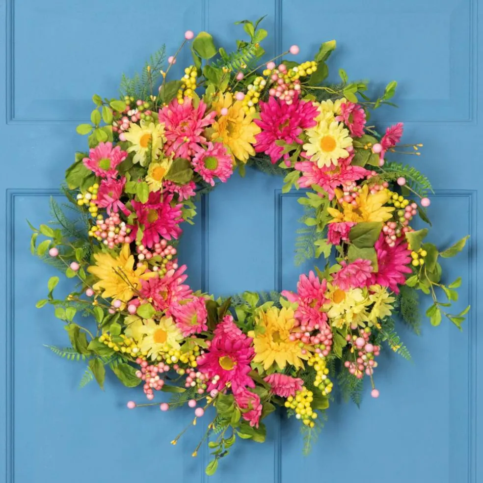 Northlight Gerbera Daisy, Berries and Daisy Floral Spring Wreath - 23" - Pink/Yellow