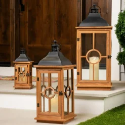 Northlight Natural Wood Candle Lanterns with Black Metal Tops - 26.5" - Set of 3