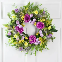 Northlight Peony Mixed Floral Springtime Wreath - 24" - Purple and Yellow