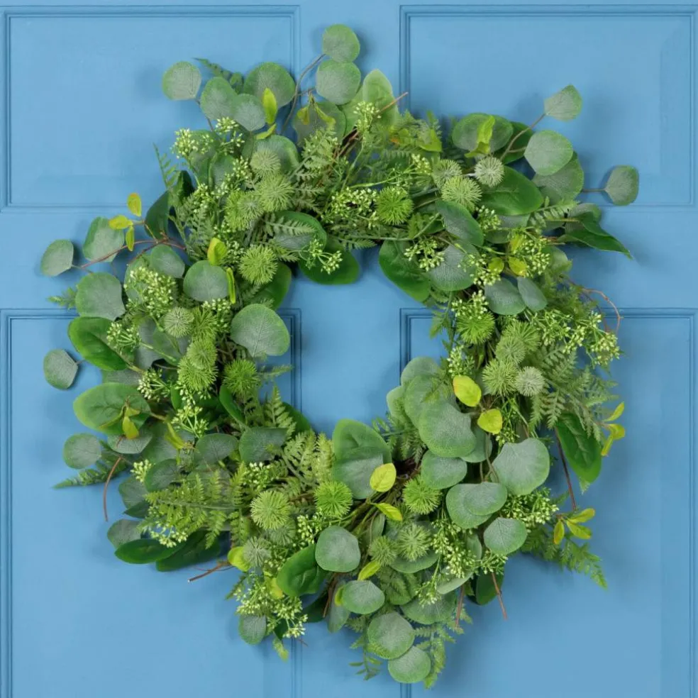 Northlight Seeded Eucalyptus with Sweet Gum Flowers Artificial Spring Wreath - 24"