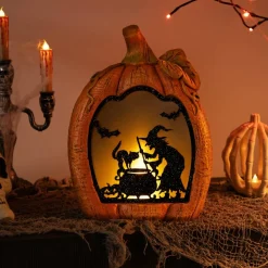 Northlight 13" Witch Stirring Flickering Cauldron Scene Inside Pumpkin Halloween Décor