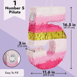 Number 5 Pinata, Pink and Gold Foil for Girls 5th Birthday Party Decorations (Small, 16.5 x 11.6 x 3 In)