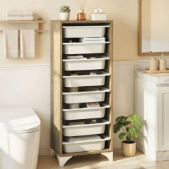 Oak - White 9-Tier Storage Organizer, Engineered Wood Cabinet with 8 Removable Baskets, 44 lb Top Shelf & Anti-Tip Device