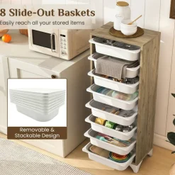 Oak - White 9-Tier Storage Organizer, Engineered Wood Cabinet with 8 Removable Baskets, 44 lb Top Shelf & Anti-Tip Device
