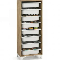 Oak - White 9-Tier Storage Organizer, Engineered Wood Cabinet with 8 Removable Baskets, 44 lb Top Shelf & Anti-Tip Device