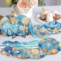 Ocean Animals Diamond Painting Coasters Kit with Holder for Adults Beginners, 5D DIY Diamond Art Drink Coasters Set, Wooden Cork Base Craft Supplies, 4x4 Inch
