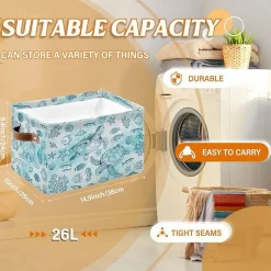 Ocean Sea Turtle Storage Basket, Rectangle Collapsible Fabric Organizer Bin with Handles for Toys, Laundry, Nursery, Clothes & Home Storage (14.9"x11"x9.4")