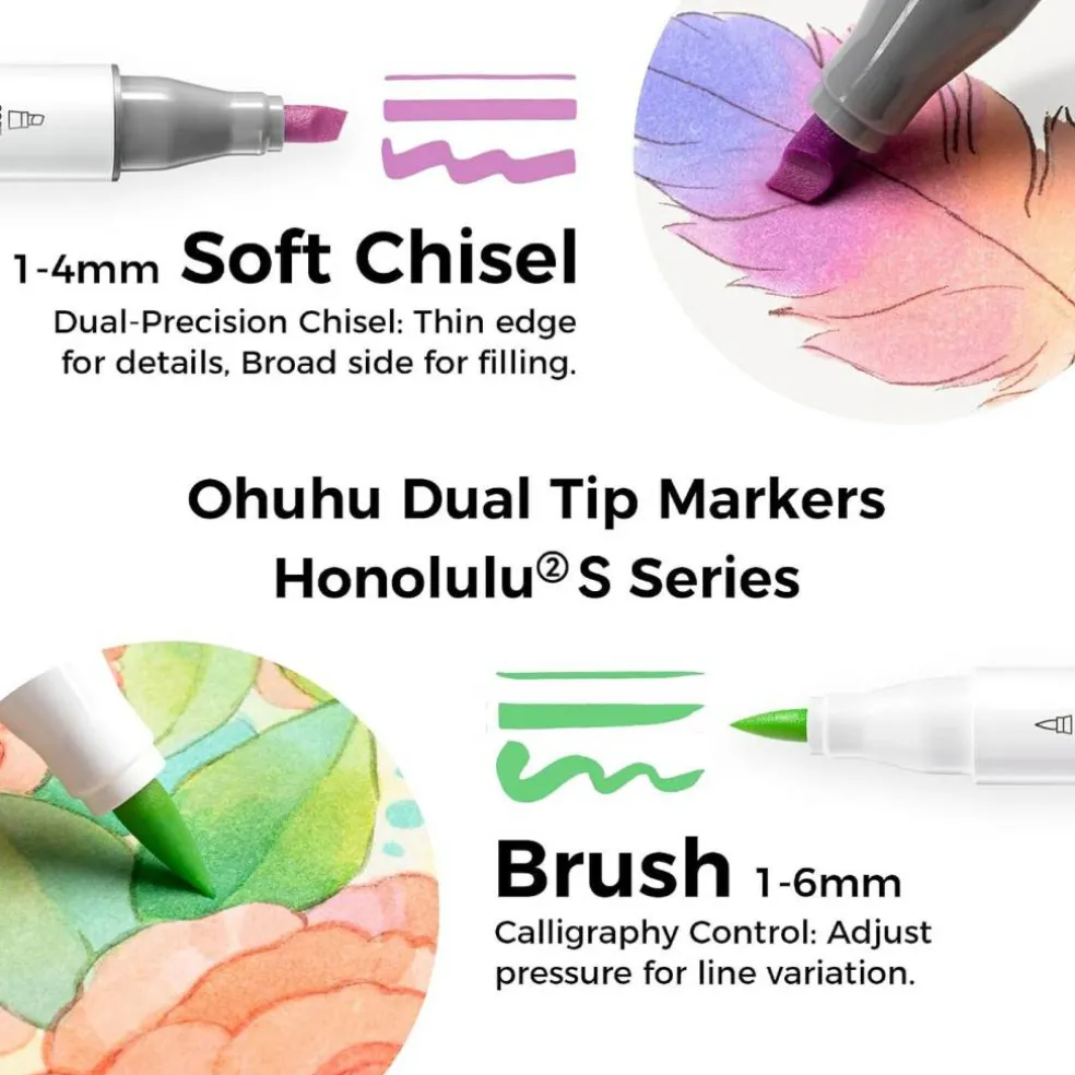 Ohuhu Honolulu 2S 48/96 Pastel Colors Markers Alcohol Based - Brush & Soft Chisel Dual Tips - Sweetness & Blossoming Color Sets