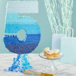 Ombre Blue Number 5 Pull String Pinata, Party Game for Kids, 16.5 x 11.3 In Fillable Hanging Decoration for 5th Birthday Decorations for Boys Girls, Holds Candy, Toys, Confetti