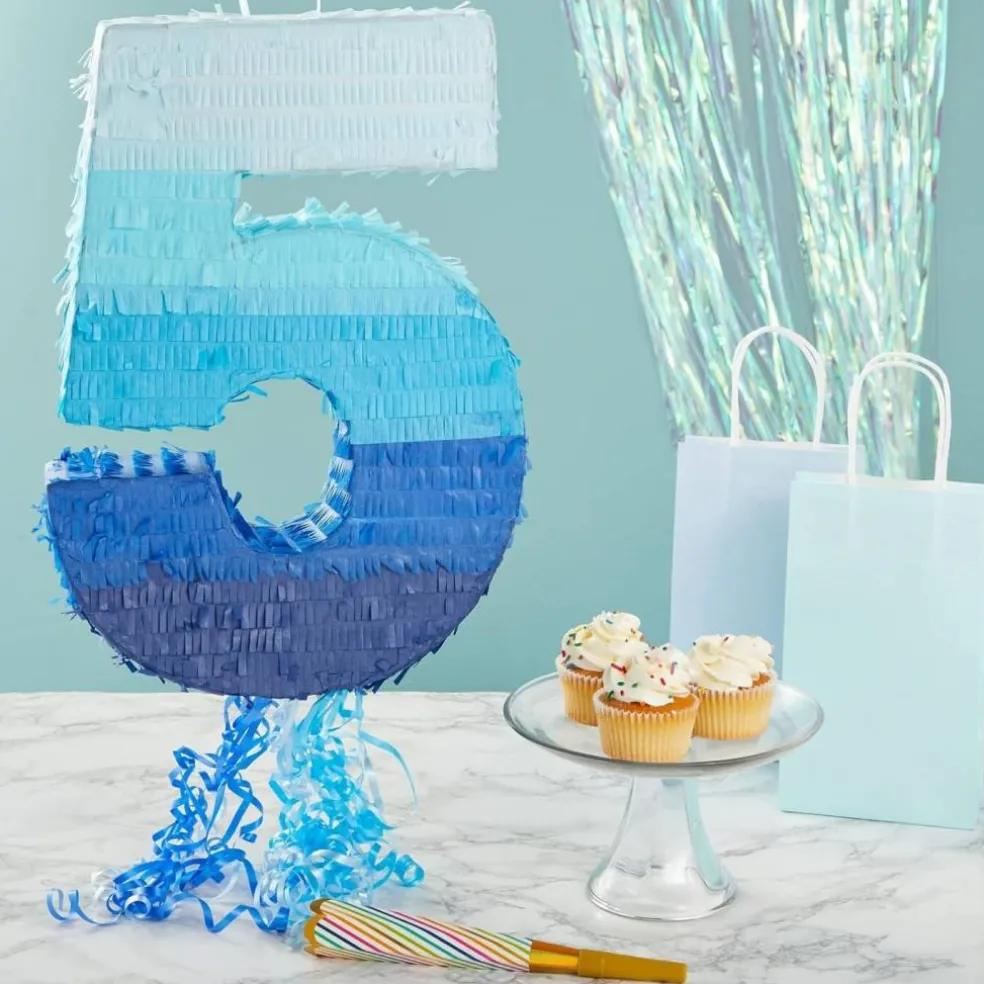 Ombre Blue Number 5 Pull String Pinata, Party Game for Kids, 16.5 x 11.3 In Fillable Hanging Decoration for 5th Birthday Decorations for Boys Girls, Holds Candy, Toys, Confetti