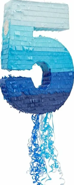 Ombre Blue Number 5 Pull String Pinata, Party Game for Kids, 16.5 x 11.3 In Fillable Hanging Decoration for 5th Birthday Decorations for Boys Girls, Holds Candy, Toys, Confetti