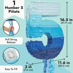 Ombre Blue Number 5 Pull String Pinata, Party Game for Kids, 16.5 x 11.3 In Fillable Hanging Decoration for 5th Birthday Decorations for Boys Girls, Holds Candy, Toys, Confetti