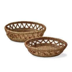 Open Weave Decorative Tray Baskets Set of 2 Brown Multi Everyday Storage 4.72 in H x 17.72 in L x 17.72 in W