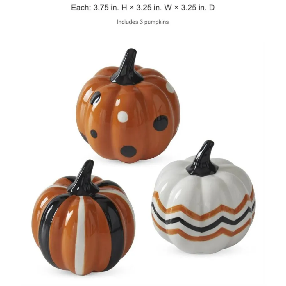 3.75" Orange, Black & White Dot Ceramic Pumpkins – Set of 3