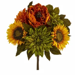 16" Orange Peony, Green Dahlia & Yellow Sunflower Bush, 2ct.