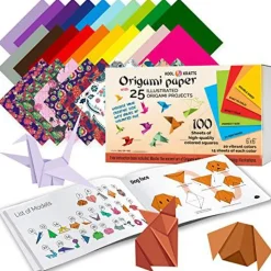 100 Origami Paper Kit - Set Includes - 100 Sheets 20 Basic Colors 6x6 - Double Sided - Origami Book 25 Easy Colored Projects | Kids Crafts - Christmas Gifts for Boys 8-12