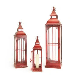 Ornate Red Metal Lantern Set, 20", 28" & 37"