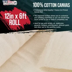 7-Ounce Unprimed Canvas Roll, 12" Wide x 6' Long (2 Yards) - 100% Cotton, Woven, Acid-Free - Unstretched Canvas Rolls for Painting, Murals, & DIY Crafts